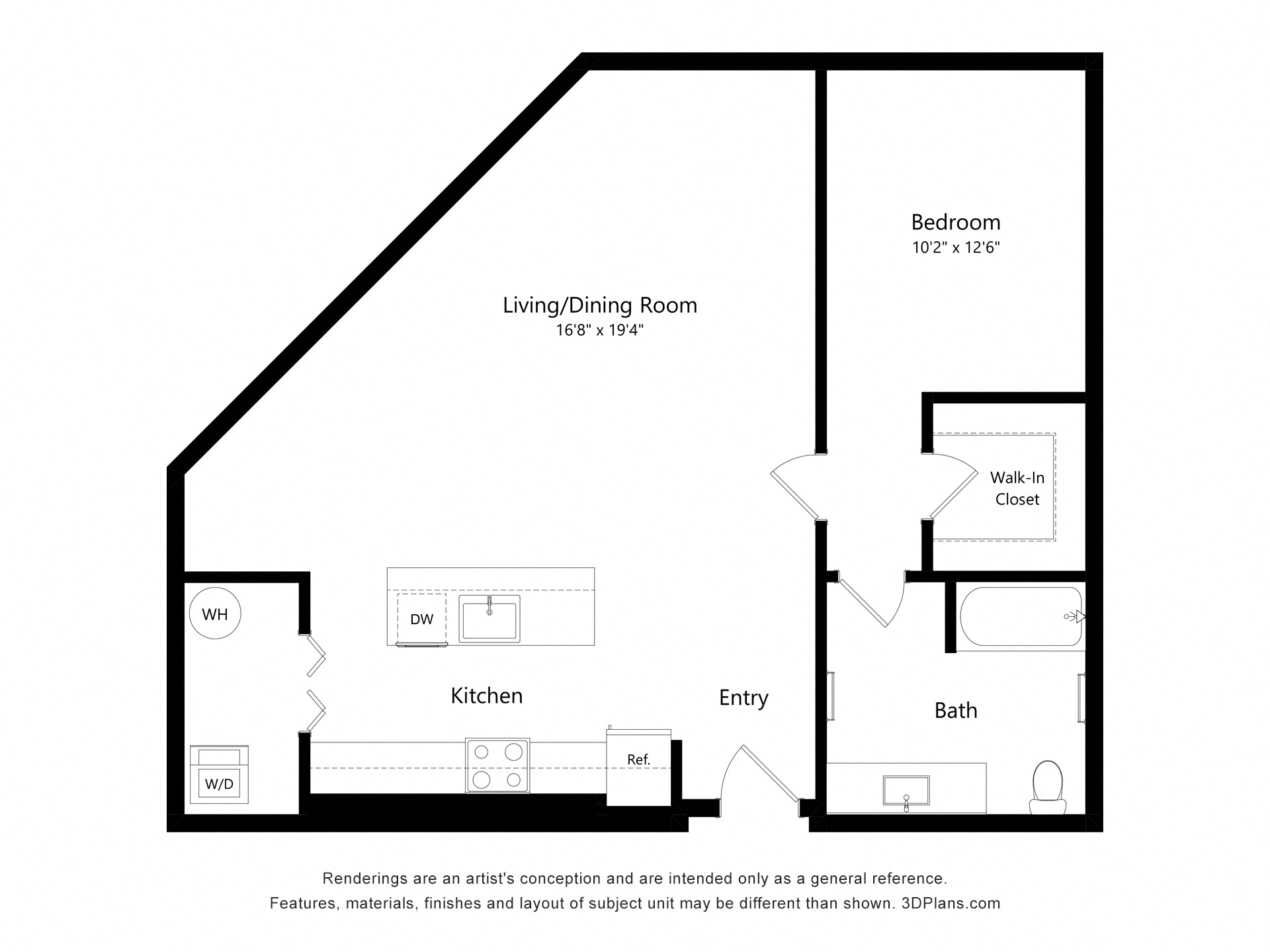 Floor plan for 1 bed, 1 bath, 881 sqft